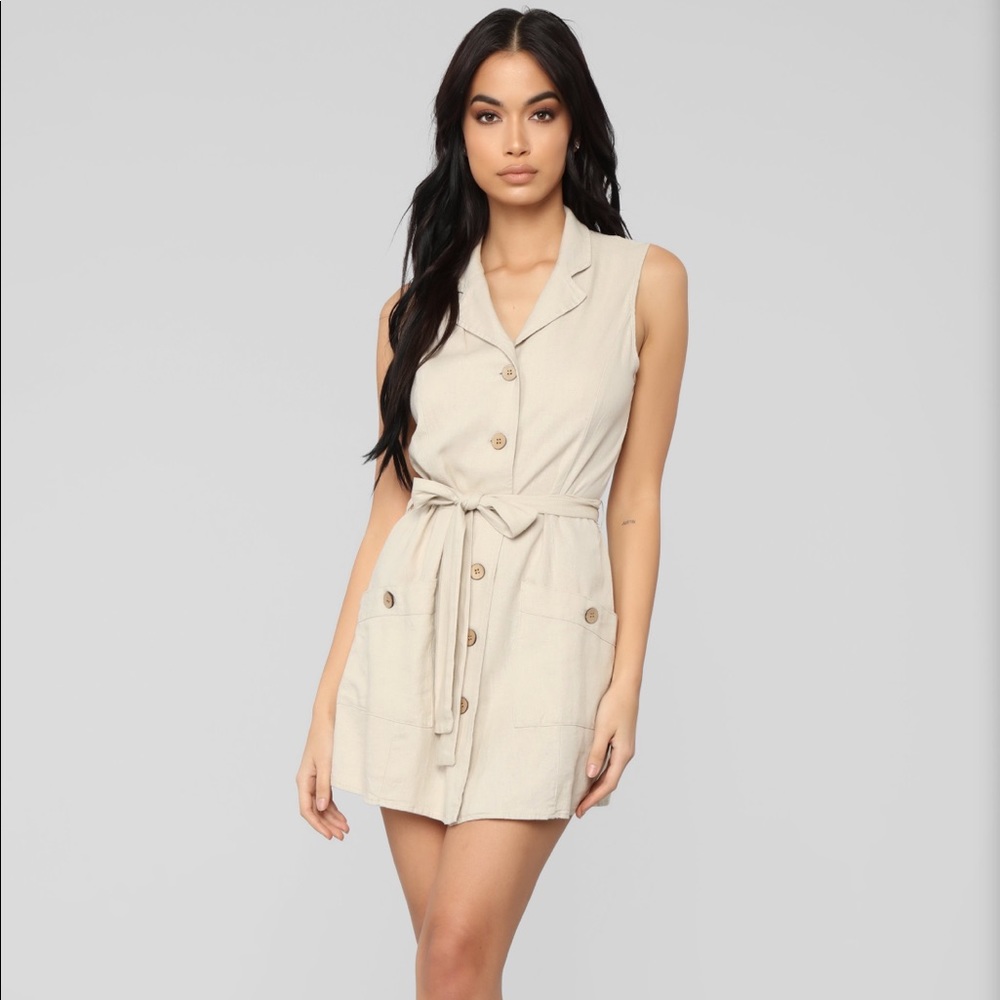 NET KHAKI BUTTON UP DRESS